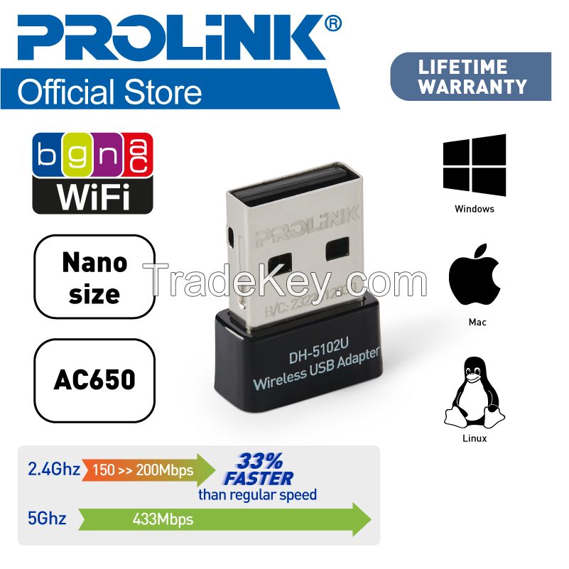 PROLiNK AC650 Dual-Band 2.4GHz / 5GHz MU-MIMO Wireless Nano USB Adapter DH-5102U