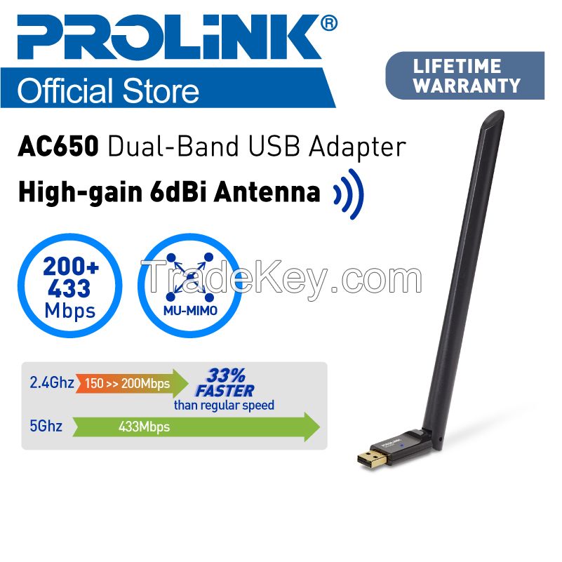 PROLiNK AC650 Dual-Band 2.4GHz / 5GHz MU-MIMO Wireless USB Adapter 6dbi External High-Gain Antenna DH-5103U