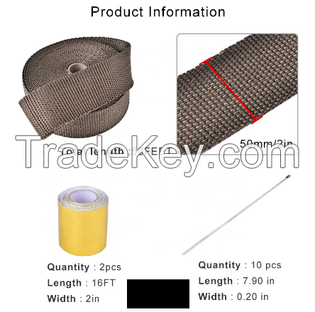 2&quot; x 50FT Titanium Exhaust Heat Wrap Roll for Motorcycle Fiberglass Heat Shield Tape with Stainless Ties