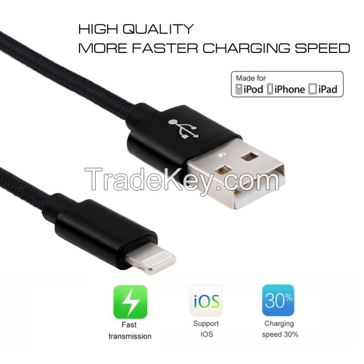 Cheap Factory Price 3A Woven Style Metal Head 8 Pin to USB Charge Data Cable 1m Cable for iPhone 12