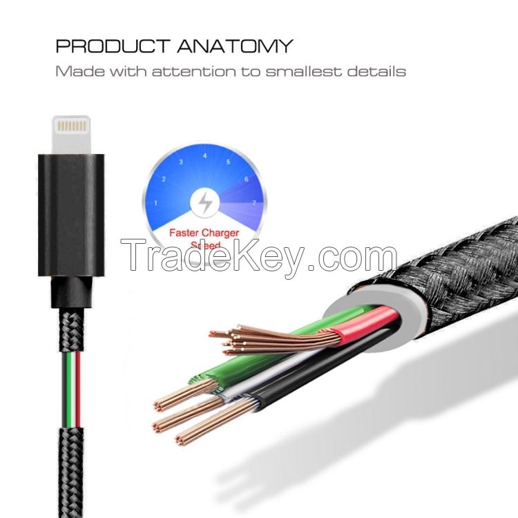 Cheap Factory Price 3A Woven Style Metal Head 8 Pin to USB Charge Data Cable 1m Cable for iPhone 12