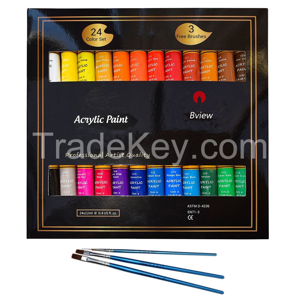 24 Colors 3 Pcs Acrylic Paint Set 