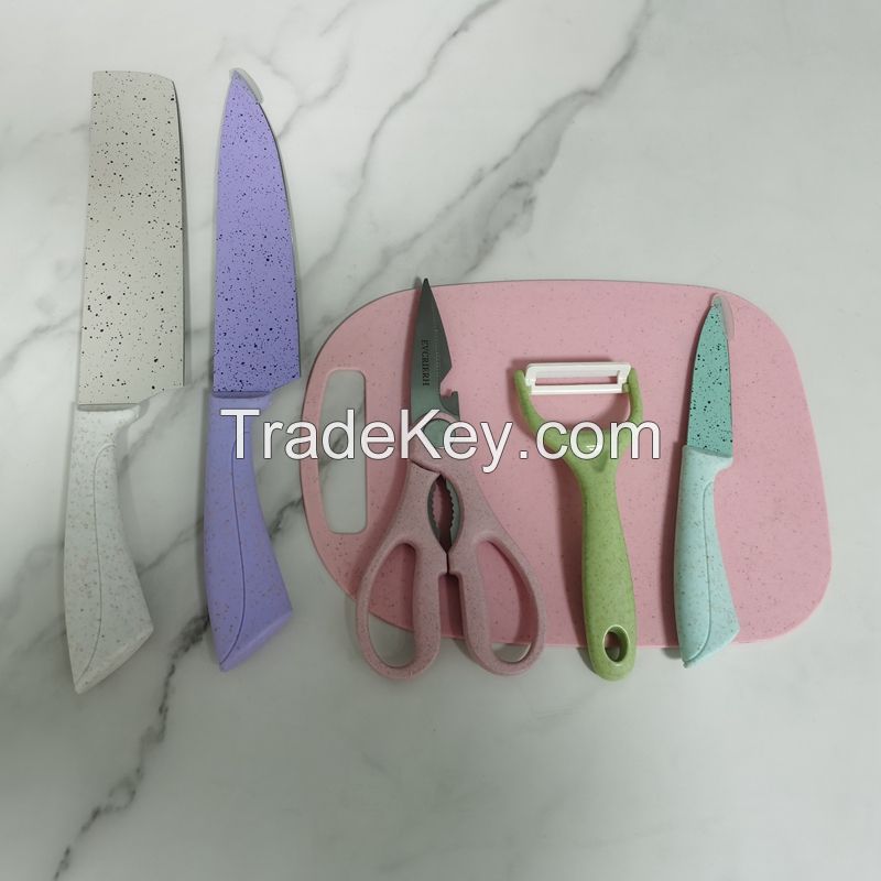 6pcs wheat straw kitchen knife set with plastic chopping board