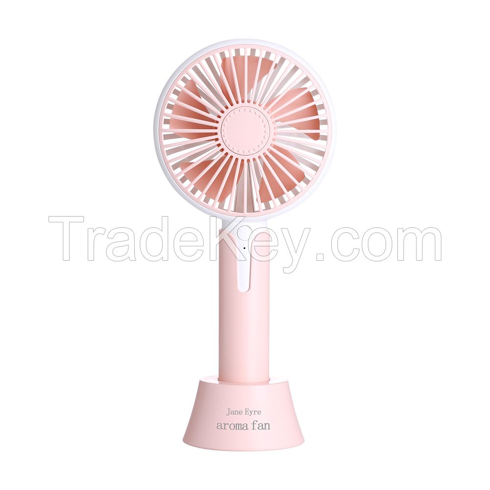 Lightweight portable cordless hand held jane eyre rechargeable aromatherapy fan with base