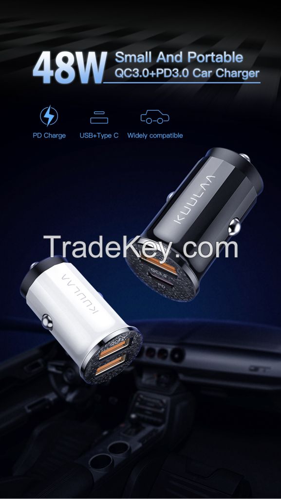 KUULAA Mini USB Car Charger Quick Charge 4.0 PD 3.0 36W Fast Charging Charger For iPhone Huawei Xiaomi Mi Type C Mobile Phone