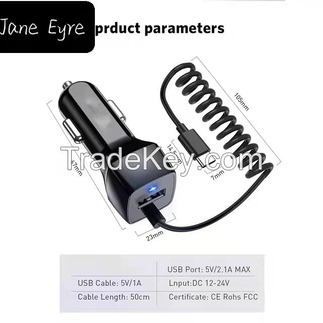 The Best Carcharger Jane Eyre USB Output 2.4A Smart Fast  Car Charger for Iphone X/11 XIAO MI Note 10 Huawei High Current Mini CarCharger with Spring Line