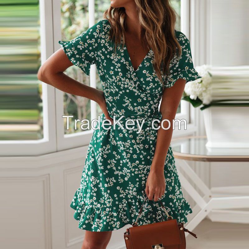 Women Dresses Summer 2021 Sexy V Neck Floral Print Boho Beach Dress Ruffle Short Sleeve A Line Mini Dress Wrap Sundress Robe