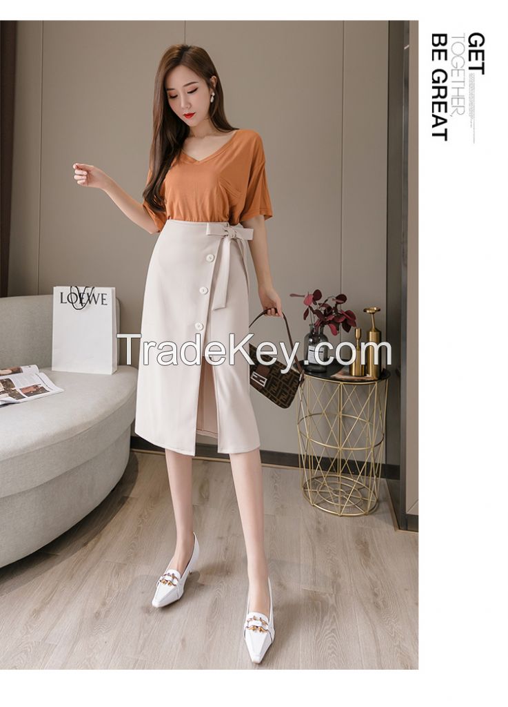 2021 Summer One-piece High-waisted Long Skirt Sashes Wrap Skirts Lace up Midi Skirt with Slit Korean Office Lady Work Wear Falda