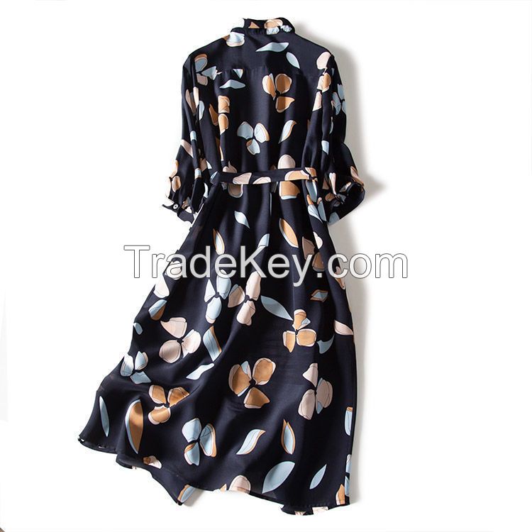 Chiffon print dress women retro waist three-quarter sleeve shirt dress loose piece bohemian dress