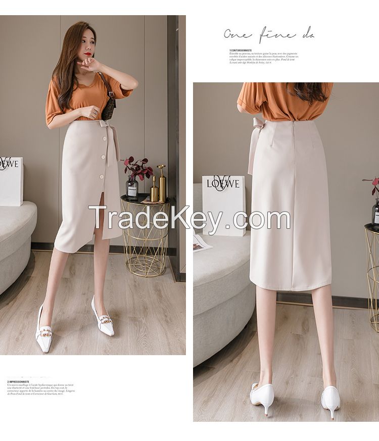 2021 Summer One-piece High-waisted Long Skirt Sashes Wrap Skirts Lace up Midi Skirt with Slit Korean Office Lady Work Wear Falda