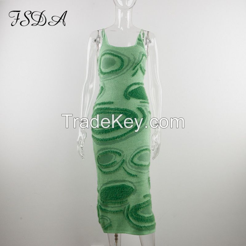 FSDA 2021 Print Knit Bodycon Dress Women Green Y2K Summer Hollow Out Sexy Sleeveless Spaghetti Strap Beach Midi Dresses Party