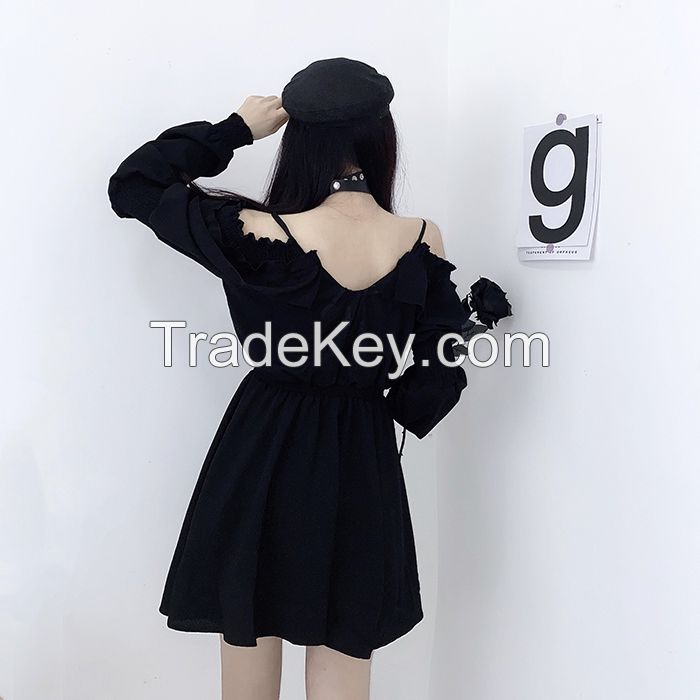 Women dress demon girl original black spring and autumn 2021 sexy high waist femme dress shoulder long sleeve gothic dress A085