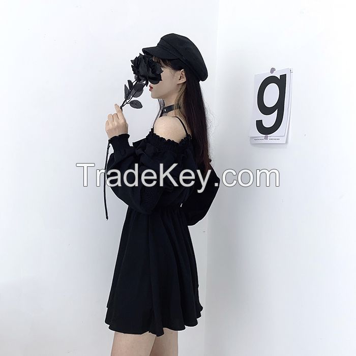 Women dress demon girl original black spring and autumn 2021 sexy high waist femme dress shoulder long sleeve gothic dress A085