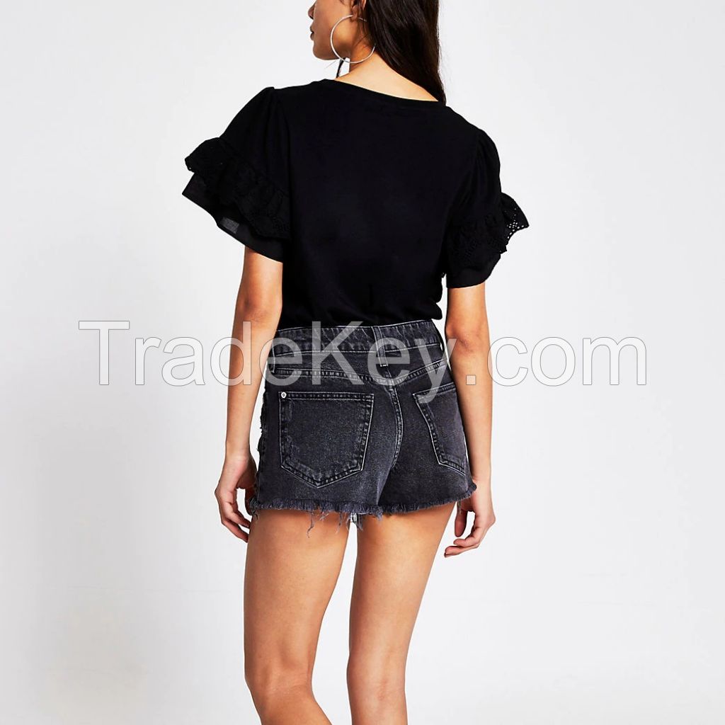 Black mid rise distressed denim shorts