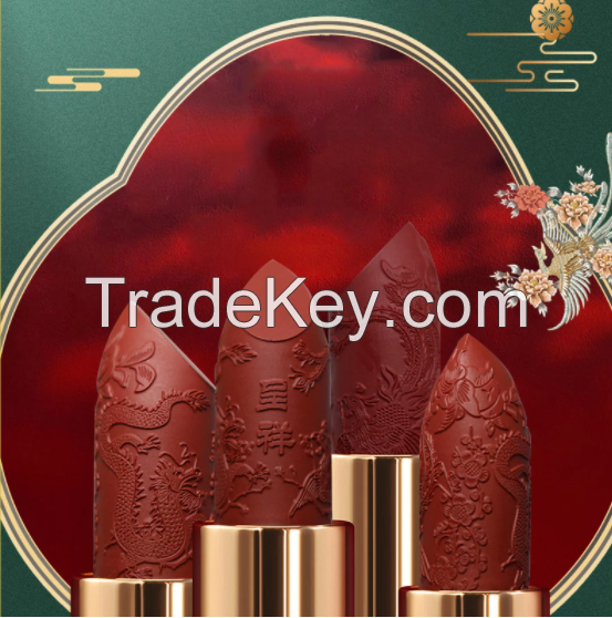 Chinese Style Lipstick Red Carved Custom Oriental Beauty Waterproof And Long-Lasting