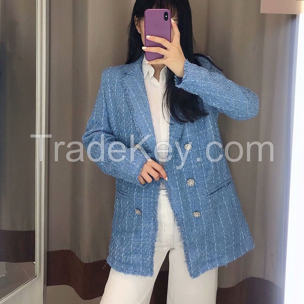 Za 2021 Women Suit Jacket Tweed Blazer Women Jacket Femme Plaszcz Wiosenny Damski Sobrecamisa Cuadros Plaid Checkered Blazer