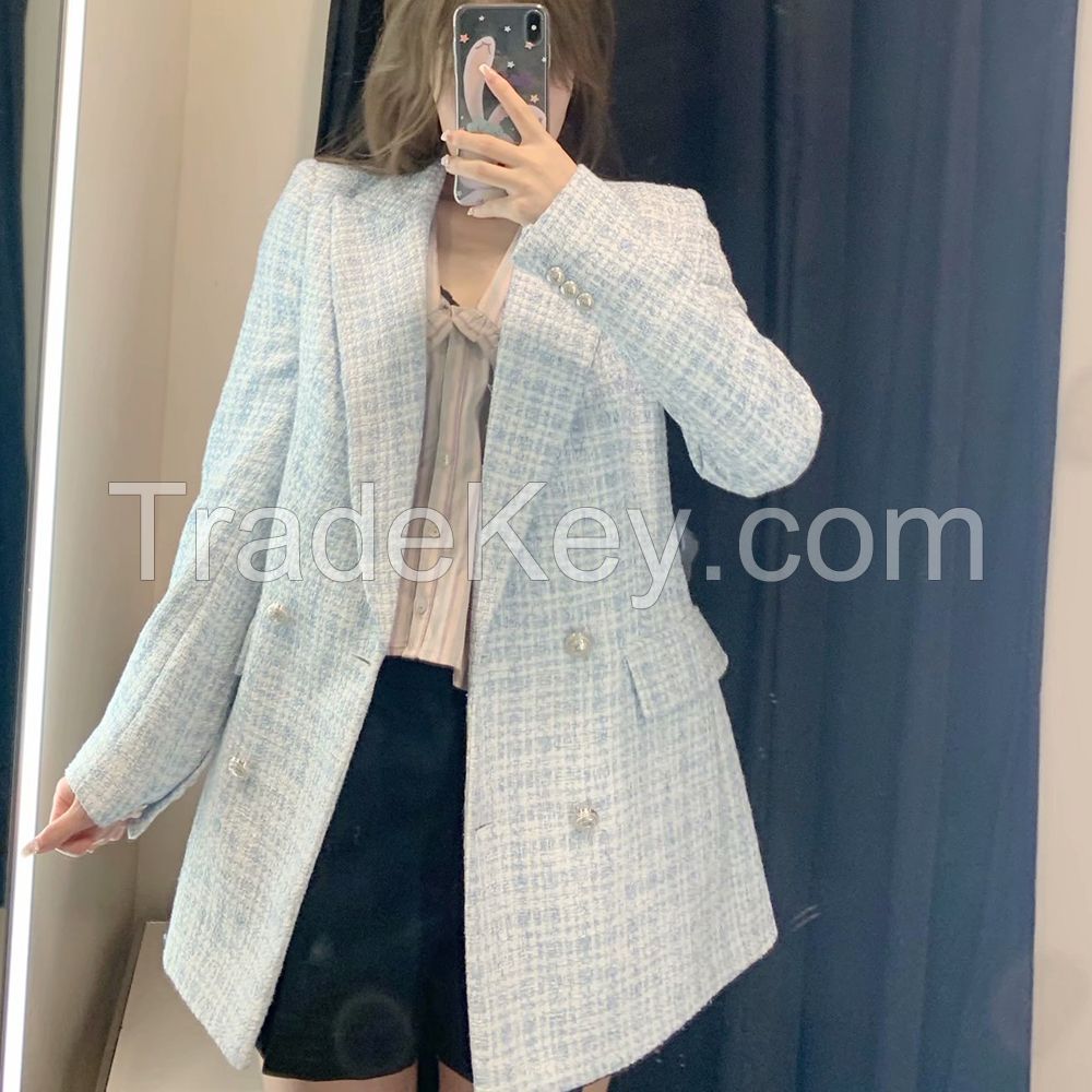 Za 2021 Women Suit Jacket Tweed Blazer Women Jacket Femme Plaszcz Wiosenny Damski Sobrecamisa Cuadros Plaid Checkered Blazer