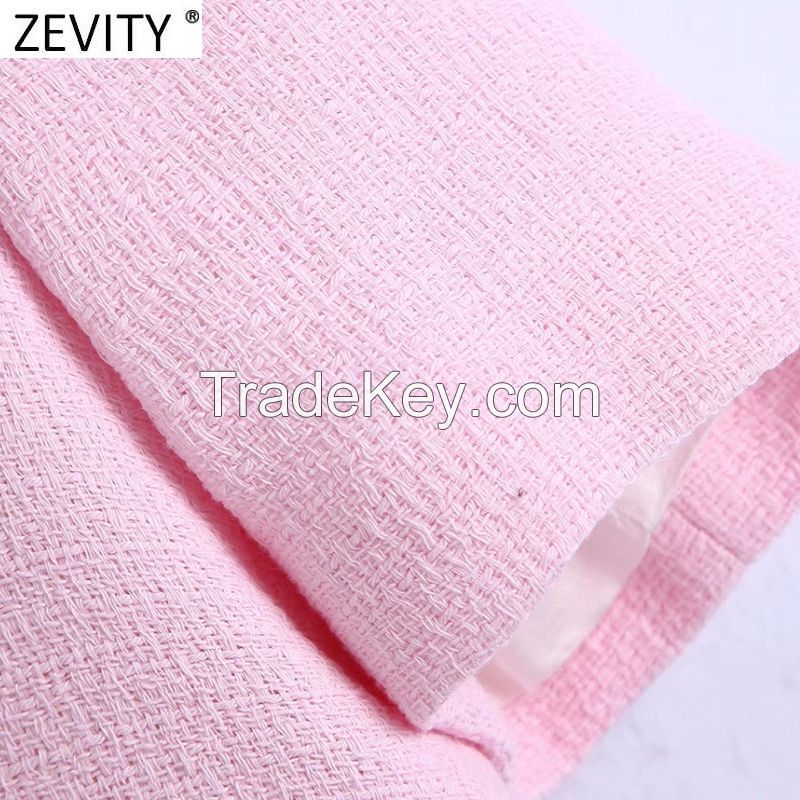 Zevity Women Sweet Double Breasted Notched Collar Pink Tweed Woolen Short Blazer Coat Vintage Female Outerwear Chic Tops CT681