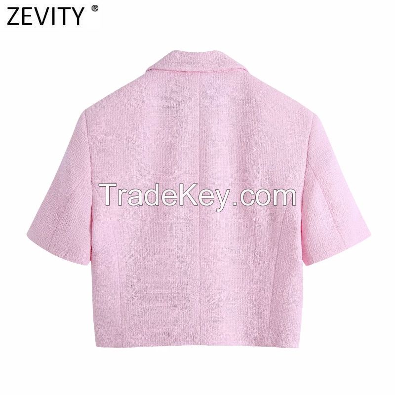 Zevity Women Sweet Double Breasted Notched Collar Pink Tweed Woolen Short Blazer Coat Vintage Female Outerwear Chic Tops CT681