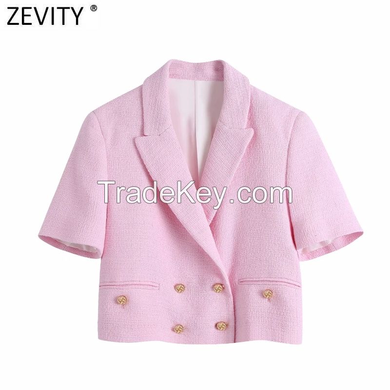 Zevity Women Sweet Double Breasted Notched Collar Pink Tweed Woolen Short Blazer Coat Vintage Female Outerwear Chic Tops CT681