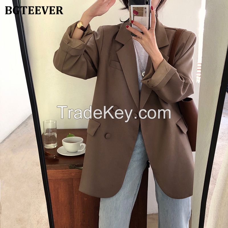 BGTEEVER Chic Loose Light Green Women Blazer Summer One Button Female Suit Jacket Full Sleeve Outwear blaser femme 2021