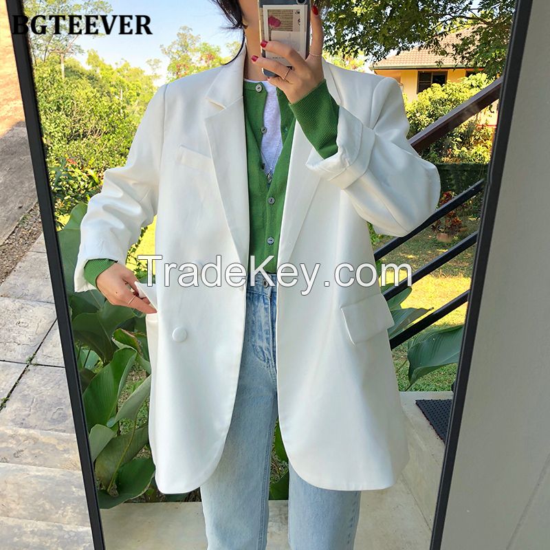 BGTEEVER Chic Loose Light Green Women Blazer Summer One Button Female Suit Jacket Full Sleeve Outwear blaser femme 2021