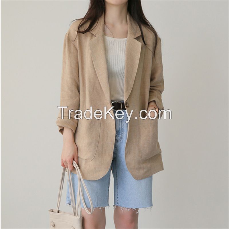 Nomikuma Cotton Linen Blazer Women 2021 New Arrival Ropa Mujer Solid Color Single Button Long Sleeve Jackets Casual All-match