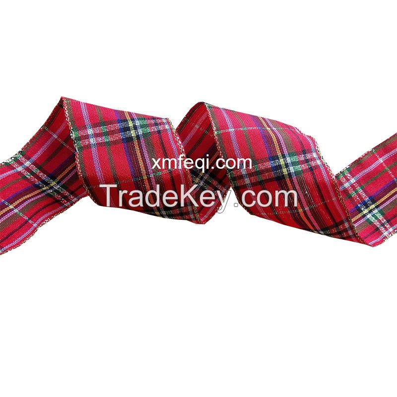 Wired red tartan ribbon plaid Christmas ribbon with gold edge