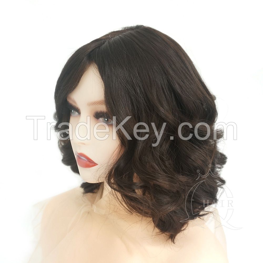 14inches small layer wave light brown with highlight human hair women hair wig jewish wig