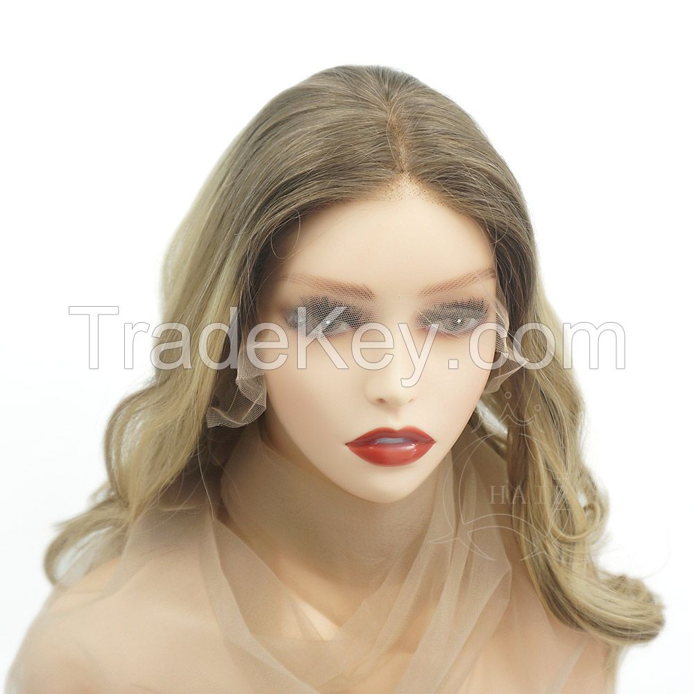 18 inches dark root-light brown with blond highlight human hair wig women lace front wig