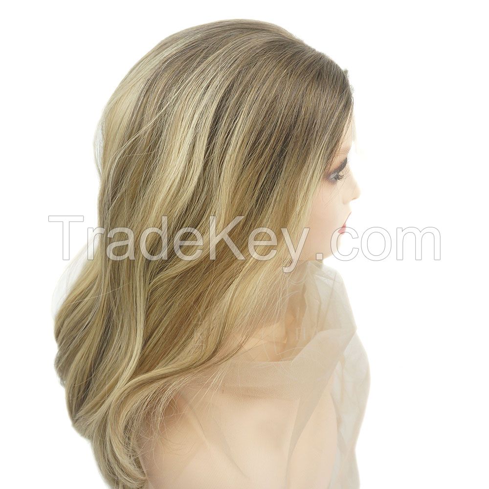18 inches dark root-light brown with blond highlight human hair wig women lace front wig