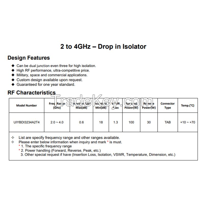 S Band 2.0~4.0GHz RF Drop in Isolator Low Insertion Loss 0.6dB High Isolation