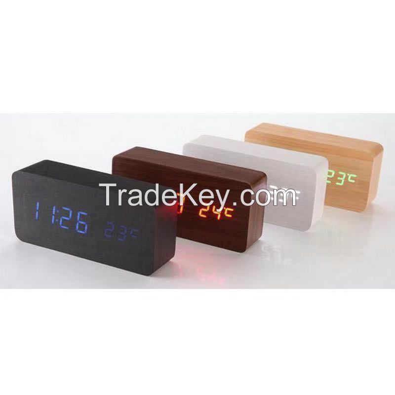 LED wood clock gift alarm clock, creative smart digital clock, rectangular temperature clock