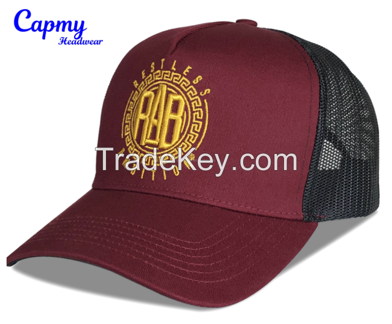 Wholesales 5 panel burgundy maroon embroidery badge patch white mesh baseball cap sport caps mens women trucker hats custom mesh