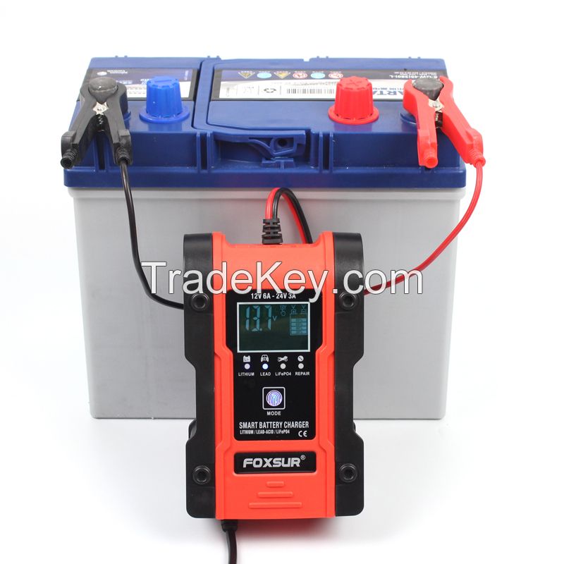 FOXSUR 6A Fully-Automatic Smart Charger, 12V 24V Battery Charger, Battery Maintainer, Battery Desulfator AGM GEL WET Lithium