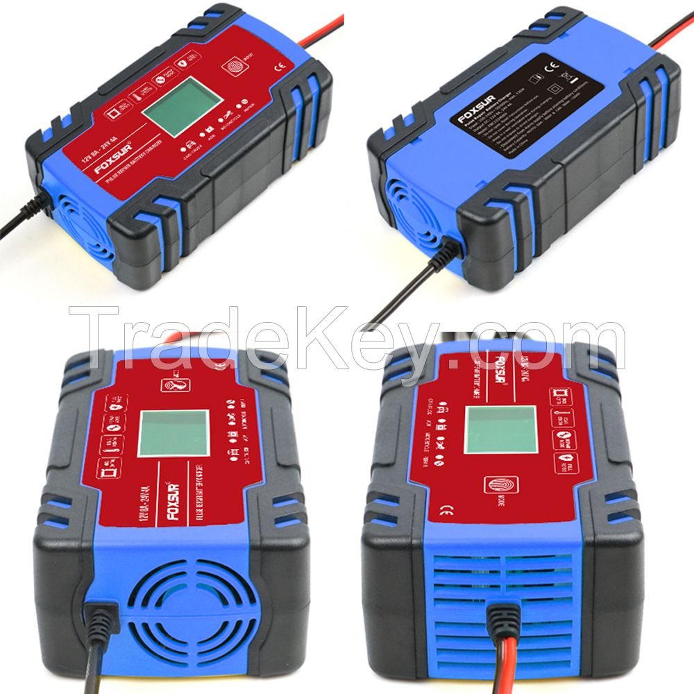 FOXSUR Car Motorcycle Battery Charger 12V 8A 24V 4A Smart Fast Charging for AGM GEL WET EFB Lead Acid Battery Charger