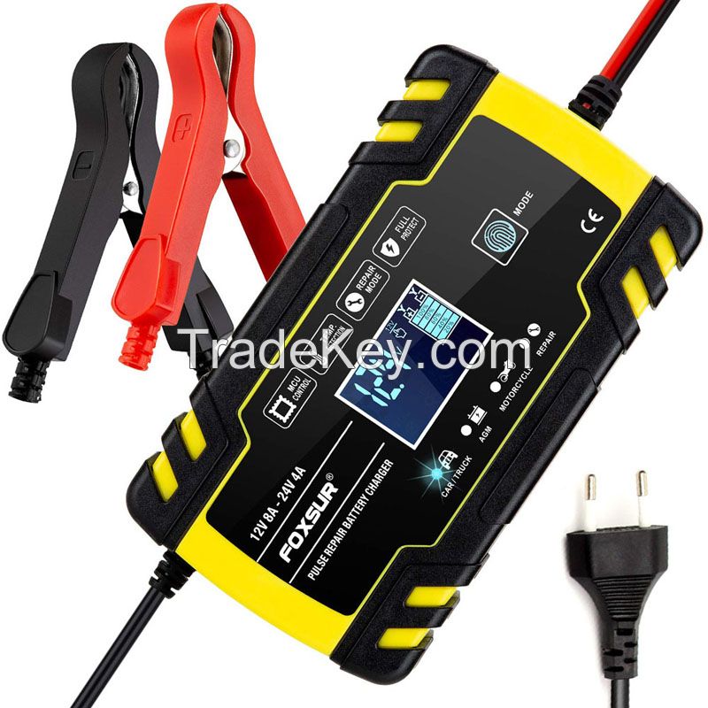 FOXSUR 12V 24V Smart Battery Charger, Car Truck Lead-Acid AGM EFB GEL WET Battery Charger, 100-240V AC input