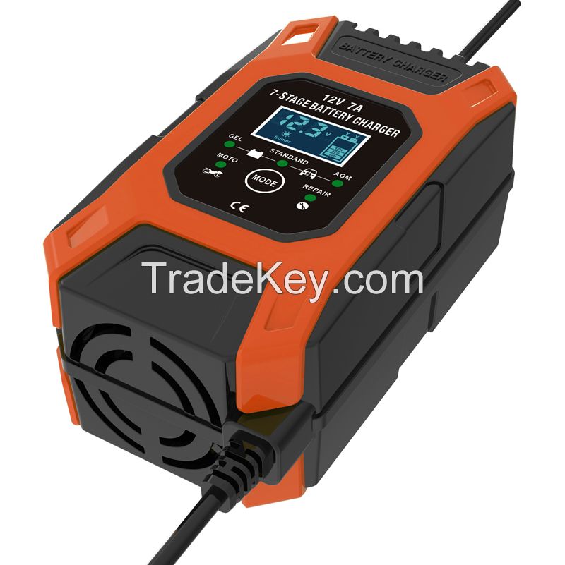 FOXSUR 12V 7A 7-stage Battery Charger  Lead GEL STD AGM Car Motorcycle Battery Charger  Pulse charge Maintainer  Desulfator