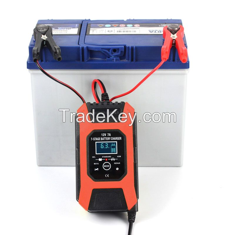 FOXSUR 12V 7A 7-stage Battery Charger  Lead GEL STD AGM Car Motorcycle Battery Charger  Pulse charge Maintainer  Desulfator