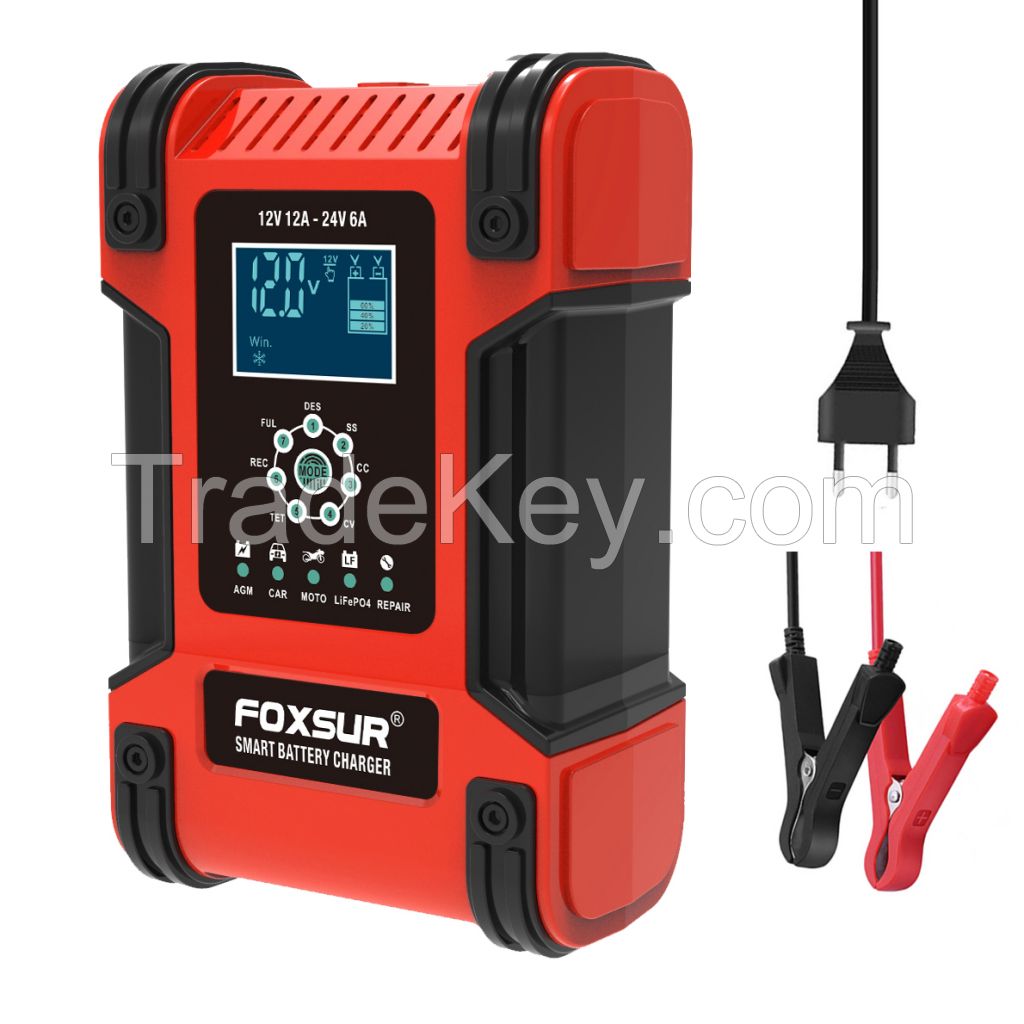 FOXSUR 12V 24V 12A Pulse Repair Charger, LiFePO4 Motorcycle & Car Battery Charger, AGM Deep cycle GEL EFB Lead-Acid Charger