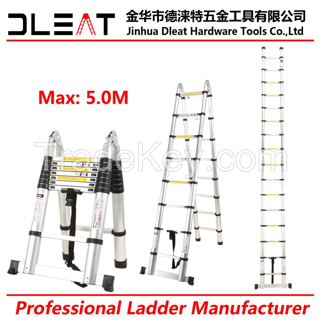 Dleat 2.5m+2.5m aluminum double telescopic ladder