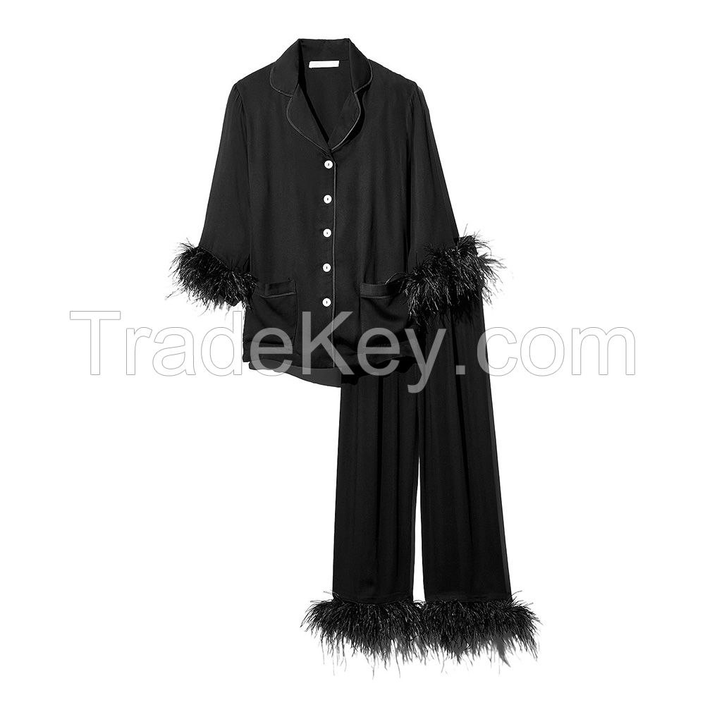 2021 Luxury Feather Sleepwear Women Viscose Soft Long Sleeve Tops And Pants Ostrich Feather Pajama Set