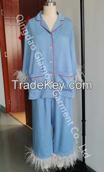 2021 Luxury Feather Sleepwear Women Viscose Soft Long Sleeve Tops And Pants Ostrich Feather Pajama Set