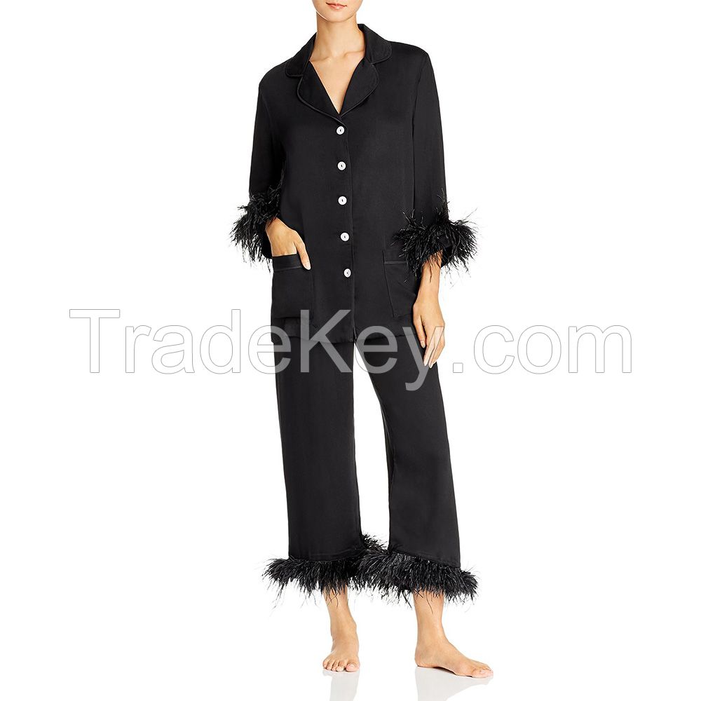 2021 Luxury Feather Sleepwear Women Viscose Soft Long Sleeve Tops And Pants Ostrich Feather Pajama Set