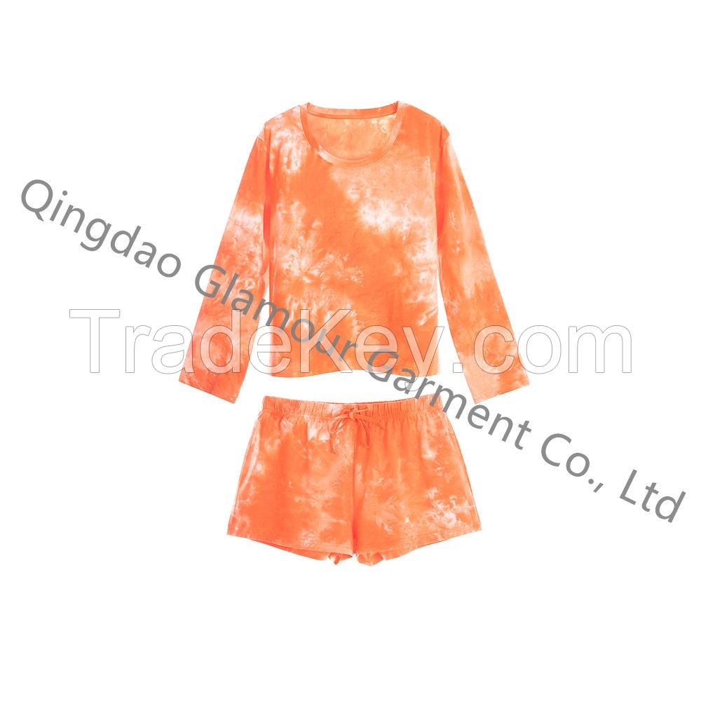 2021 Tie Dye Sleepwear Women Men Cotton Soft Long Sleeve Tops And Shorts Pajama Set