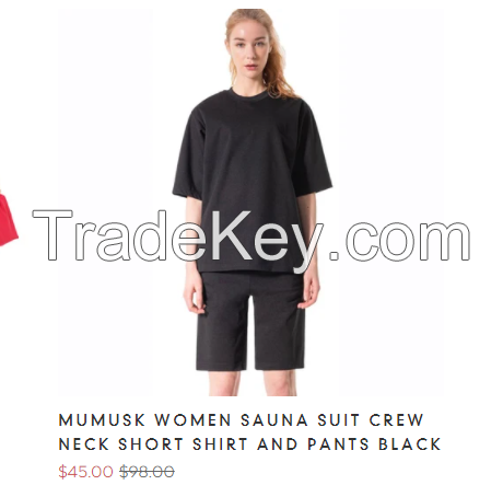 MUMUSK WOMEN SAUNA SUIT CREW NECK SHORT SHIRT AND PANTS BLACK