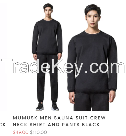 MUMUSK MEN SAUNA SUIT CREW NECK SHIRT AND PANTS BLACK