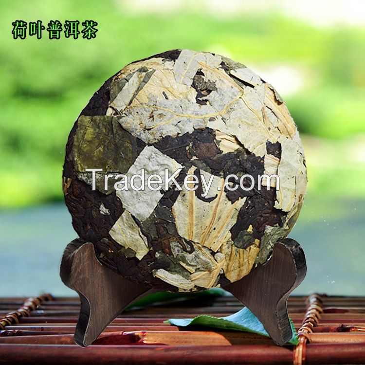 Wholesale Private Lable 200g Yunnan Detoxification Flatting Tummy Lotus Blended Ripe Puer in Tea Cake