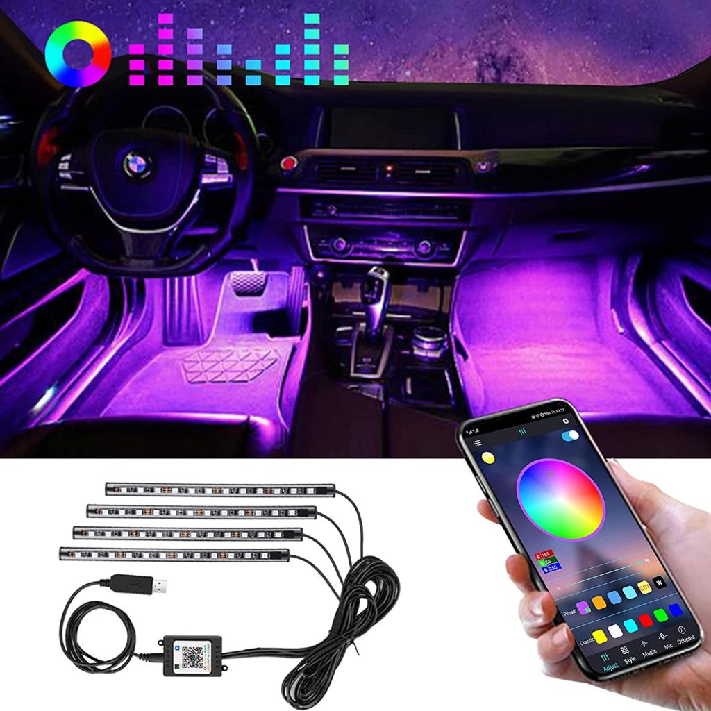  Car Led Lights Interior 4 Pcs 48 Led Strip Light For Car With USB Port APP Control For iPhone Android Smart Phone Infinite DIY Colors Music Microphone Control