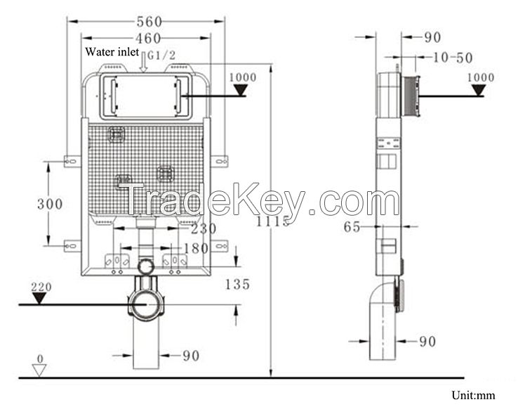 Hansbo Concealed Cistern, Dual Flush, Lower Tank, Compact Panel, Flush Volume Adjustable